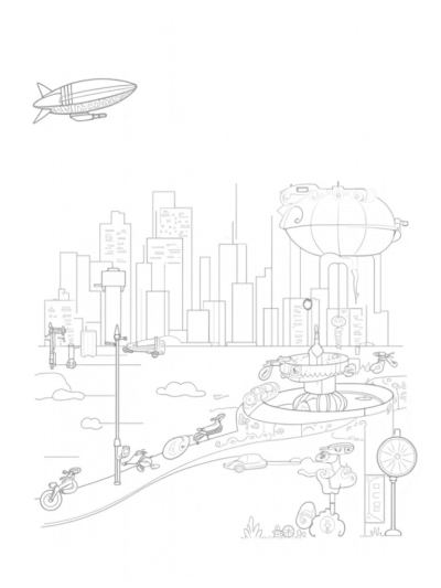 Futuristic Cityscape with Hover Cars and Airship