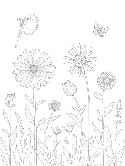 Colossal Sunflower and Geometric Flowers in a Whimsical Garden