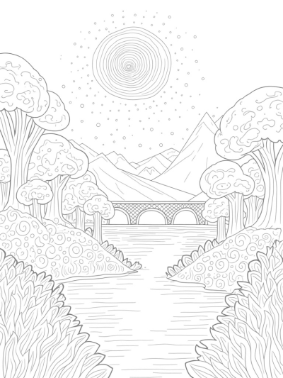 Serene Landscape with Spiral Trees and a Reflective Lake