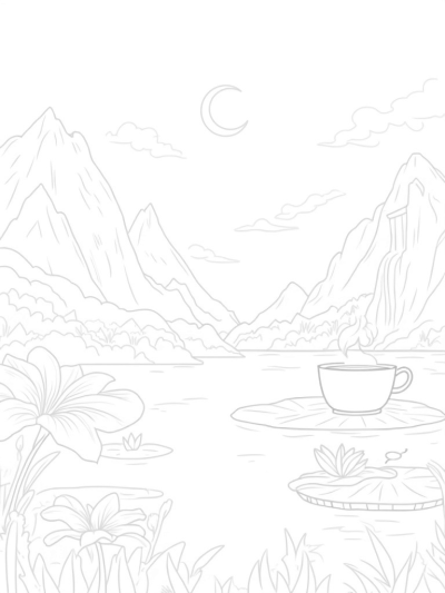 Tranquil Lake with Mountains and Tea Cup