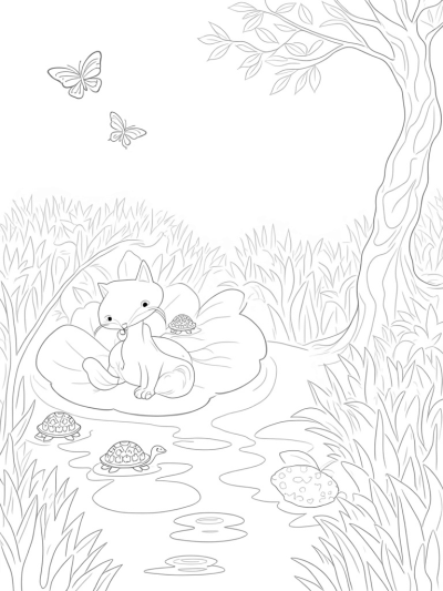 Majestic Fox and Turtles in a Flower Garden