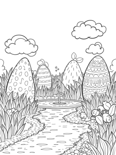 Giant Carrot Fountain in a Colorful Egg Garden