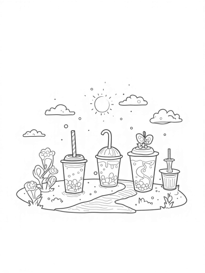 Boba Tea Garden with Giant Cups and a Bubble Sun
