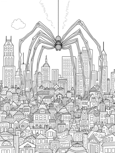 Cityscape with Spider Webs and Comic Action
