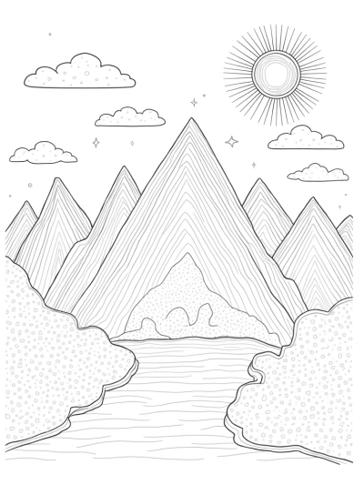 Colorful Triangular Mountains and River Scene