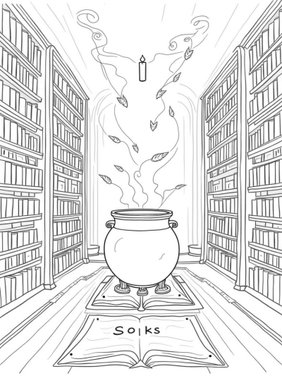 Mystical Library with Glowing Spellbooks and Floating Quills