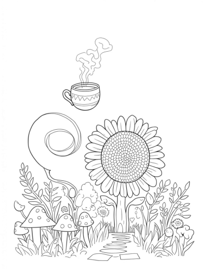 Giant Flowers and a Floating Teacup in a Whimsical Garden