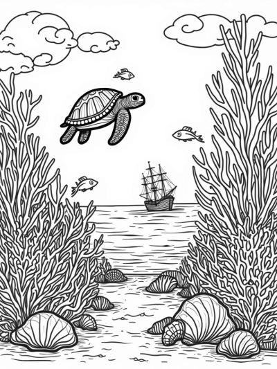 Underwater Garden with Coral and a Sea Turtle