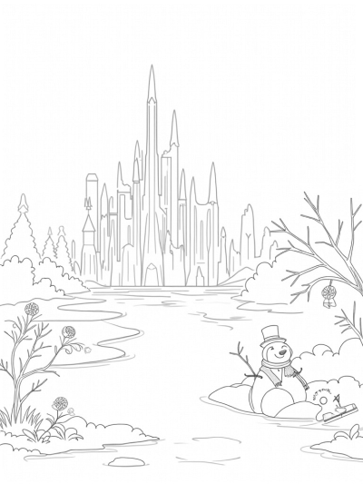 Crystalline Palace with Ice Spires and Snowman