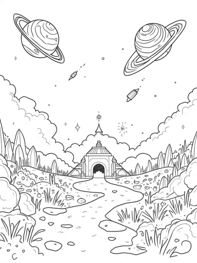 Cosmic Garden with Floating Planets and Glittering Stardust