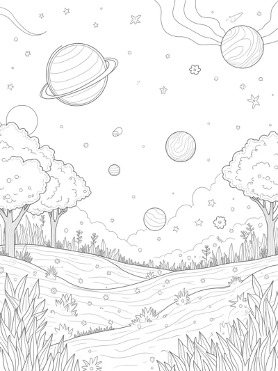 Cosmic Garden with Luminescent Planets and a Spiraling Galaxy