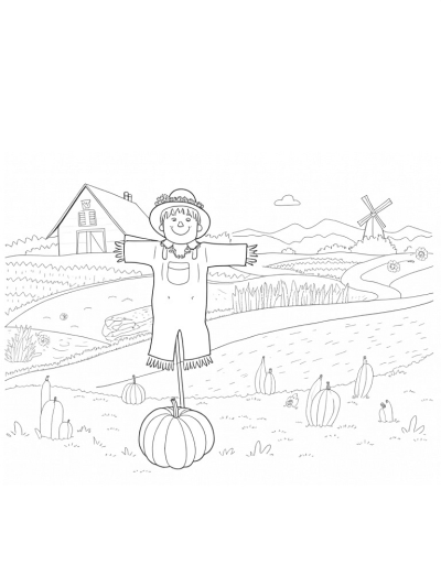 Colorful Farm Landscape with Smiling Scarecrow