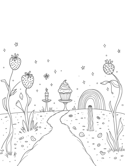 Oversized Strawberries and a Giant Cupcake in a Fruit Garden