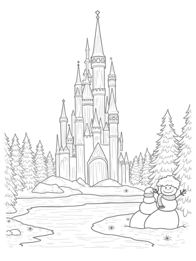 Sparkling Ice Castle with Snowman and Frozen Pond