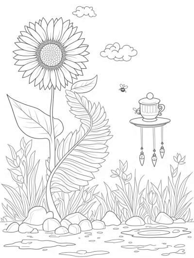 Oversized Flowers and Floating Teacup in a Whimsical Garden