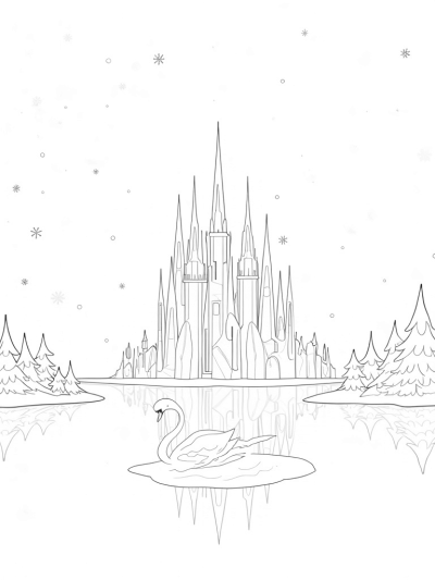 Magical Ice Palace with Luminous Lake and Swan Sculpture