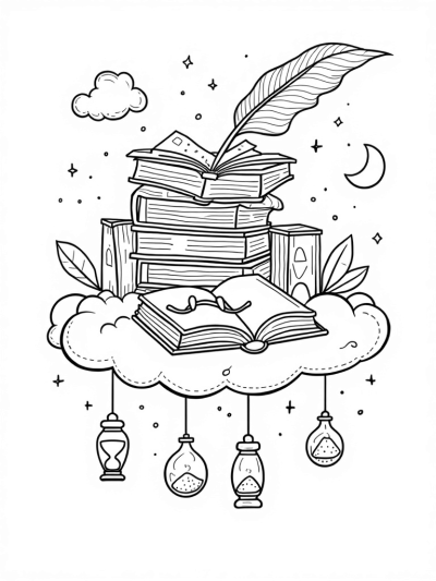 Floating Library with Enchanted Quill and Magical Potions