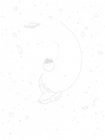 Crescent Moon and Crystal Planet in a Colorful Nebula