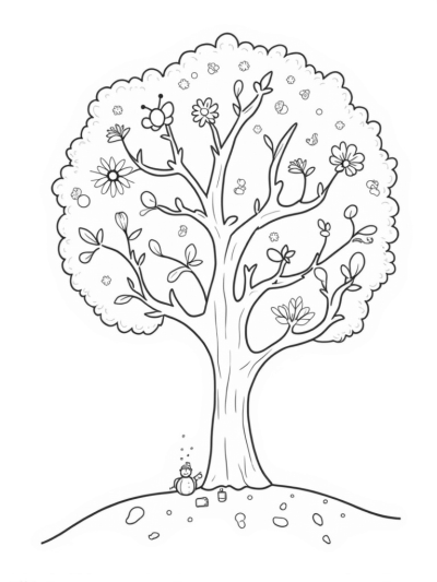 Seasons Tree with Spring Flowers, Summer Fruits, Autumn Leaves, and Winter Snowman