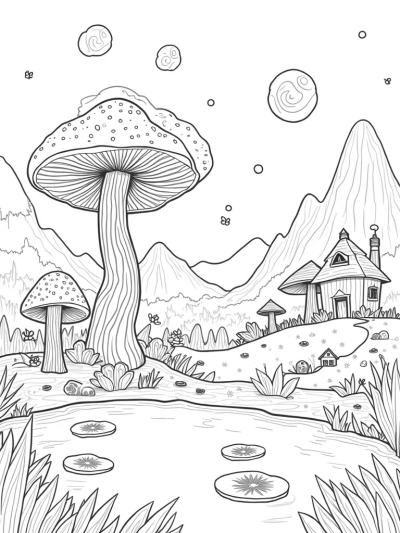 Enchanted Forest Glade with Mushrooms and Cottages