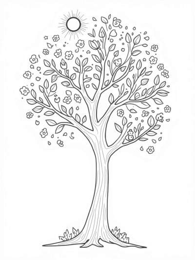 Four Seasons Tree with Flowers, Leaves, Snowflakes, and Rain