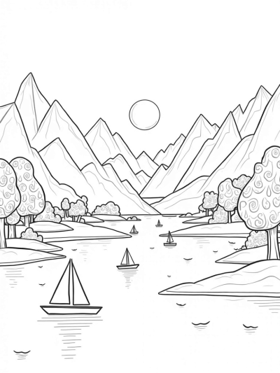 Geometric Landscape with Triangle Sun and Boats