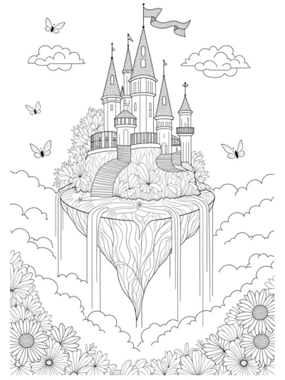 Floating Castle with Waterfalls and a Whimsical Garden