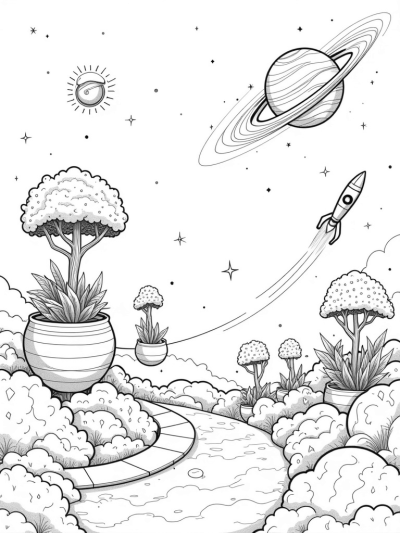 Celestial Garden with Cosmic Planters and Rocket Trees