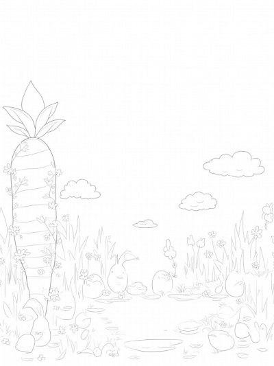 Pastel Egg Garden with Giant Carrot and Easter Clouds
