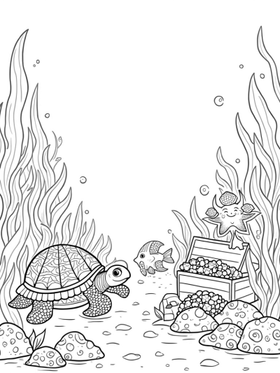 Underwater Garden with a Giant Turtle and Colorful Fish