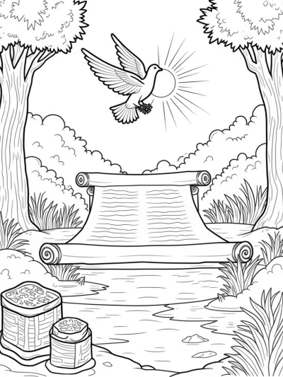 Serene Garden with Ancient Scroll and Dove