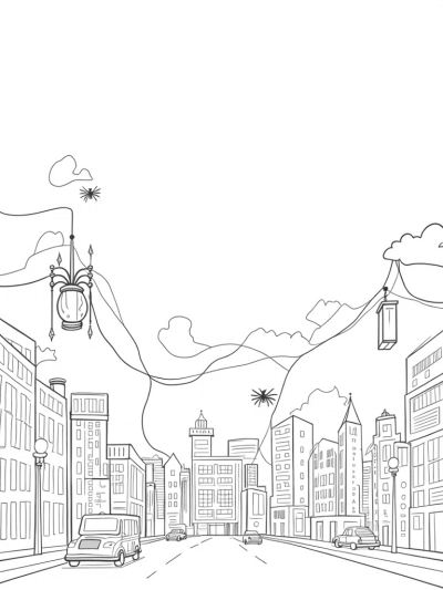 Twilight City Skyline with Spider Webs and Lanterns