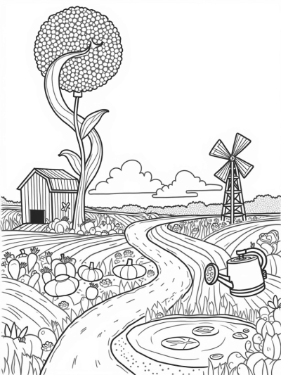 Giant Corn Stalk and Whimsical Farm Landscape