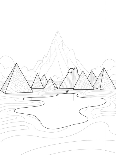 Triangular Landscape with Patterns and Floating Shapes