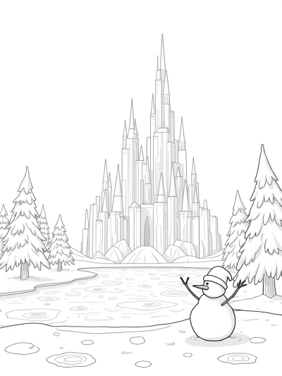 Majestic Ice Palace Surrounded by Snowflakes and Pine Trees