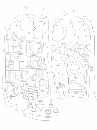 Enchanted Library with Floating Books and Starry Ceiling