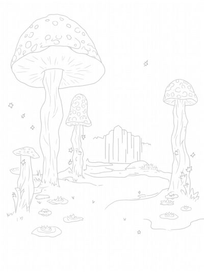 Enchanted Forest with Towering Mushrooms and a Sparkling Pond