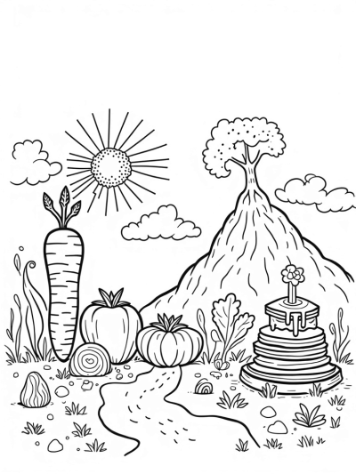 Giant Fruits and Vegetables in a Whimsical Garden