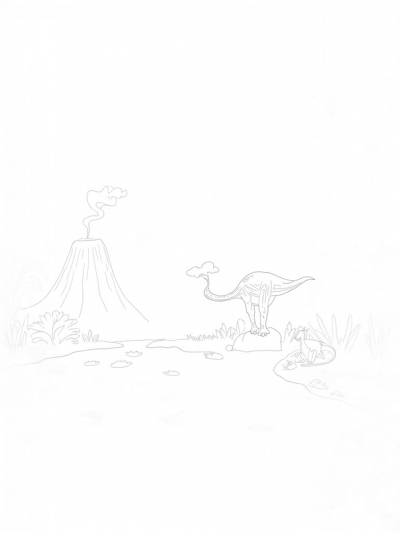 Prehistoric Jungle with Feathered Dinosaurs and a Volcano