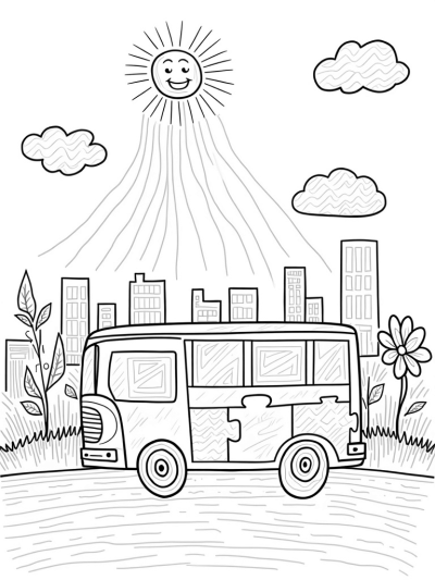 Puzzle Piece Bus in a Colorful Cityscape