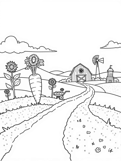 Vibrant Vegetable Farm with Giant Carrot and Whimsical Barn