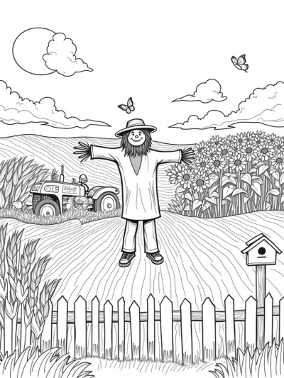 Colorful Farm Fields with a Whimsical Scarecrow