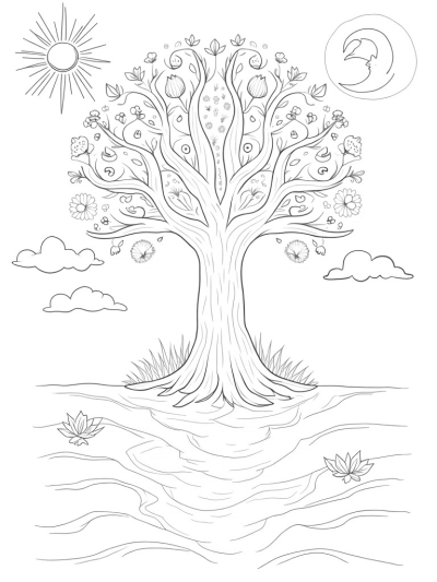 Majestic Tree of Life with River and Celestial Elements