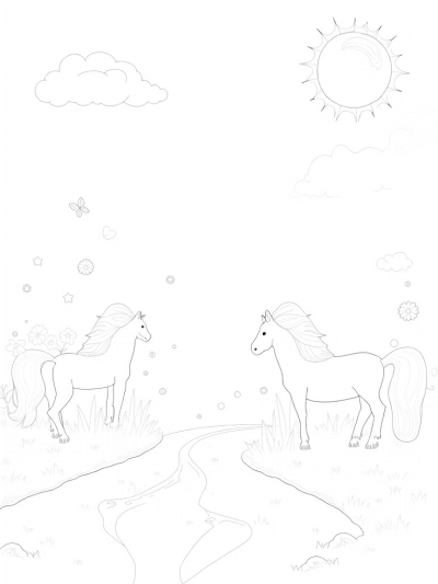 Magical Meadow with Ponies and Flowers