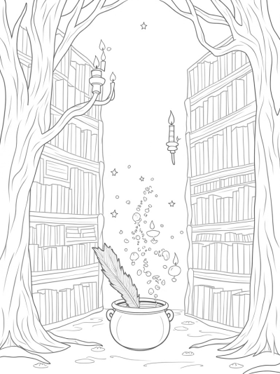 Enchanted Library with Floating Candles and Spell Books