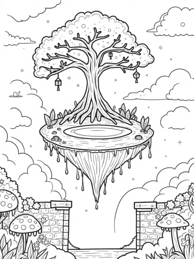 Floating Island with Ancient Tree and Shimmering Fairies