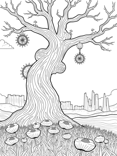 Colossal Tree with Floating Gears and Oversized Flowers