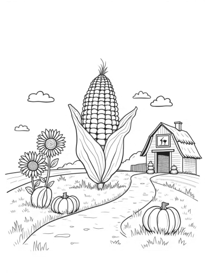 Giant Corn Cob and Sunflowers Farm Scene
