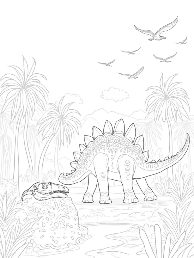 Prehistoric Jungle with Stegosaurus and Pterodactyls