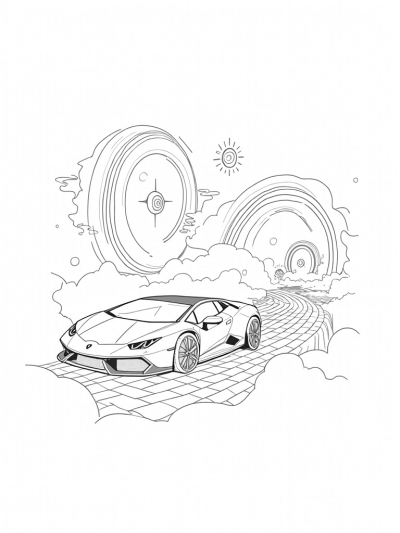 Lamborghini on a Cloud with Rainbows and Gears